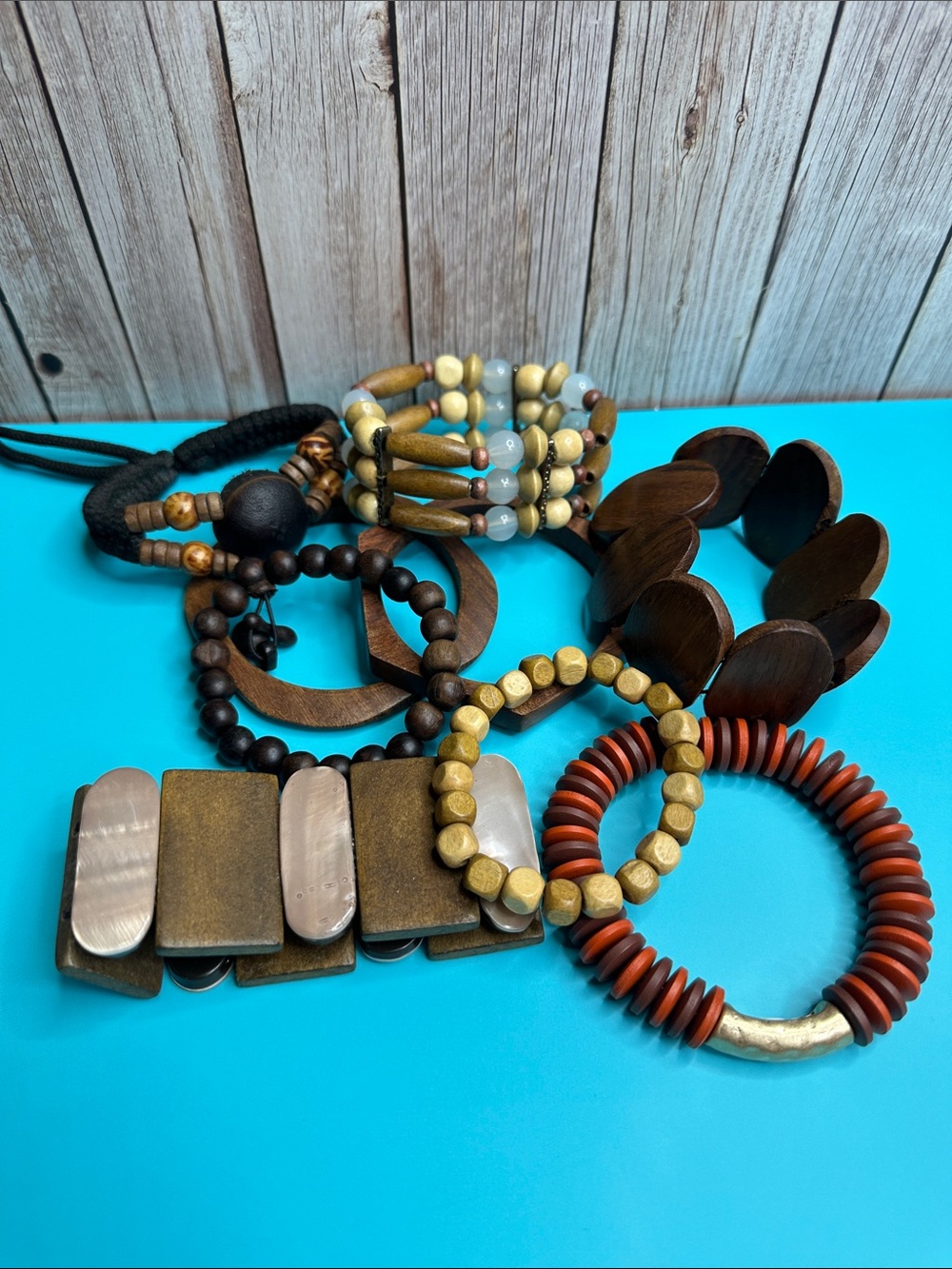 Wood and Bead Multi-Style Bracelet Set - Brown & Natural Tones 9 Pieces Gift